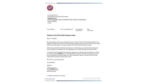 UEFA, Galatasaray'a Şampiyonlar Ligi'ne resmi katılım belgesi gönderdi