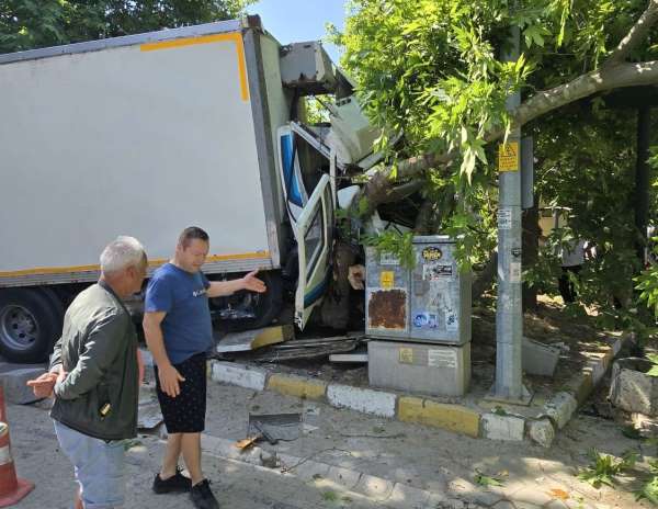 Erdek Ocaklar'da kaza: Freni patlayan kamyon ağaca çarptı
