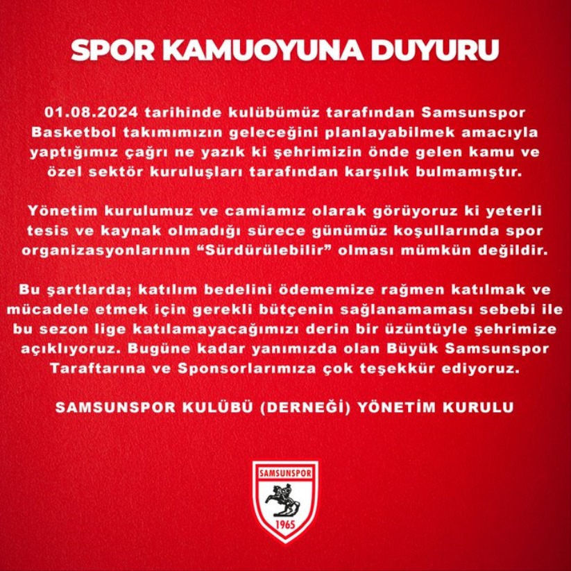 Samsunspor Basketbol'dan açıklama: Çağrılarımız cevap bulmadı