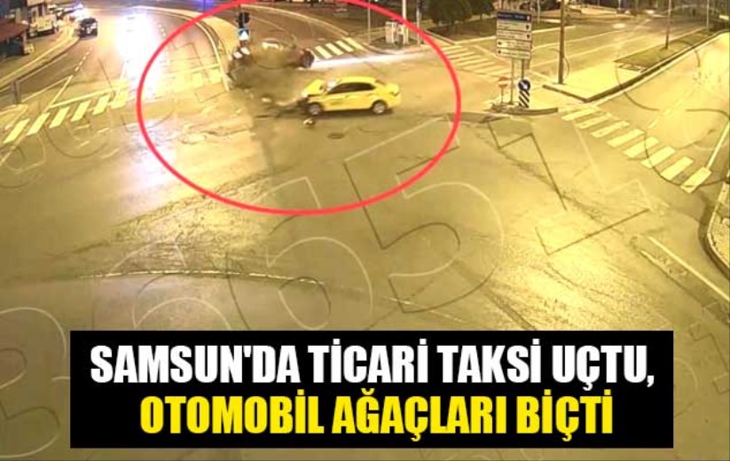 Samsun'da ticari taksi uçtu, otomobil ağaçları biçti