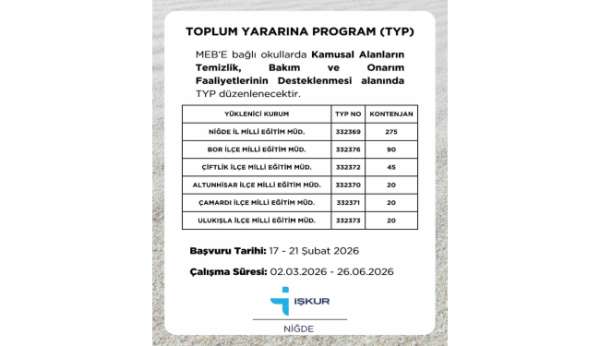 Niğde'de okullara 470 kişilik TYP alımı yapılacak
