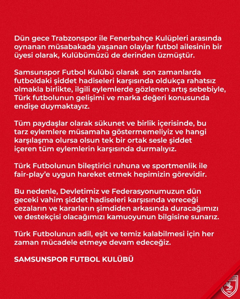 Samsunspor: 'Türk futbolu için endişe duyuyoruz'