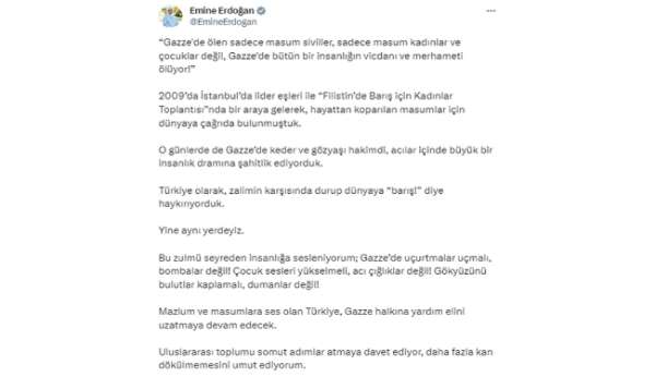 Emine Erdoğan: 'Türkiye olarak zalimin karşısında durup dünyaya 'barış' diye haykırıyorduk, yine aynı yerdeyiz