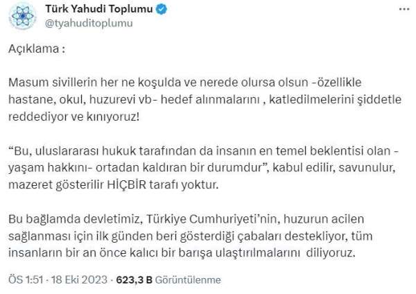 Türk Yahudi Toplumu İsrail'in hastaneye saldırısını kınadı