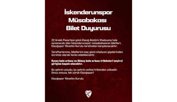 Elazığspor yönetimi, İskenderunspor maçının biletlerini ücretsiz dağıtacak