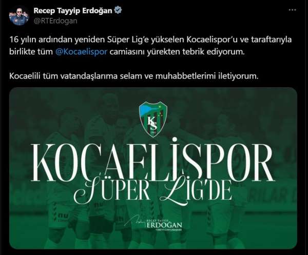 Cumhurbaşkanı Erdoğan'dan Kocaelispor'a tebrik