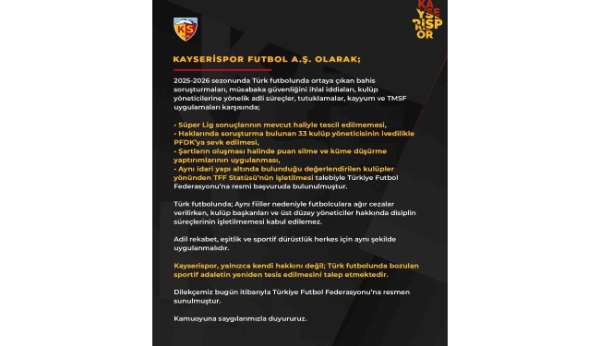 Kayserispor'dan TFF'ye 'adalet' dilekçesi