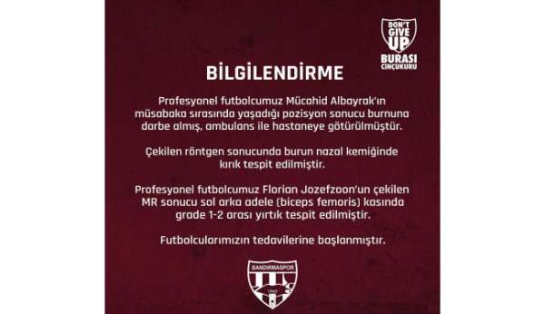Bandırmaspor'da iki futbolcu sakatlandı