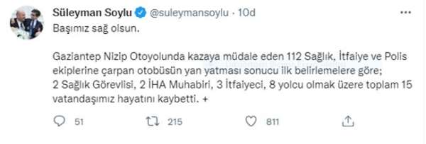 İçişleri Bakanı Soylu: '(Gaziantep'teki kaza) Toplam 15 vatandaşımız hayatını kaybetti'