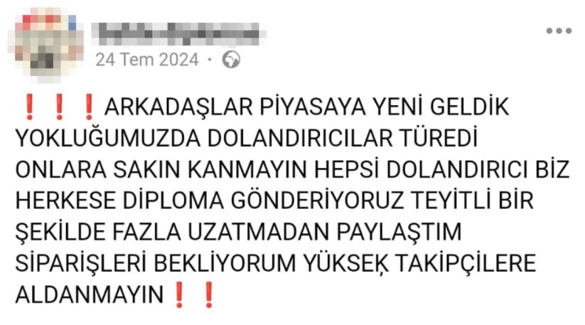 Sahte diploma sitesi açıp, 'dolandırıcılara inanmayın' paylaşımına dikkat