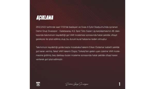 Sivasspor, Galatasaray maçının tekrarı için TFF'ye başvurdu