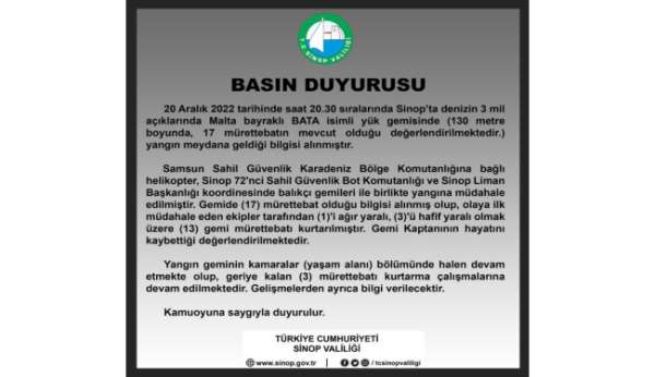 Sinop Valiliğinden kuru yük gemisi yangını açıklaması