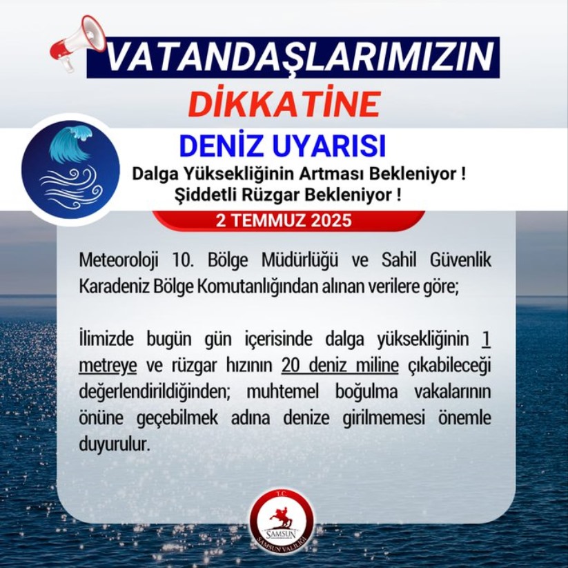 Samsun Valiliği'nden Uyarı: 'Bugün denize girmeyin!'