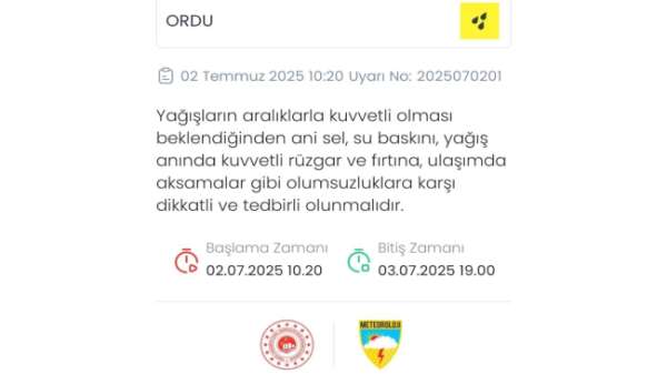 Meteorolojiden Ordu için 'sarı kodlu' uyarı