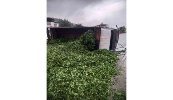 Kaza sonrası yola saçılan kamyon kasasındaki 10 ton çayı böyle temizlediler