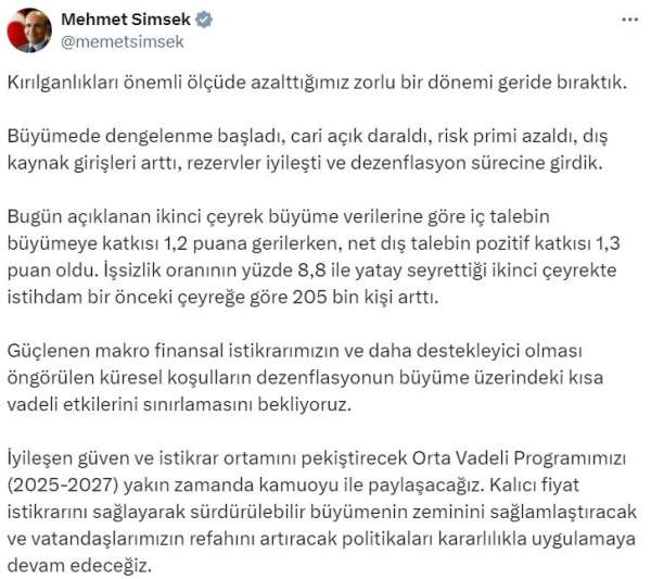 Bakan Şimşek: 'Büyümede dengelenme başladı, cari açık daraldı, risk primi azaldı, dış kaynak girişleri arttı,