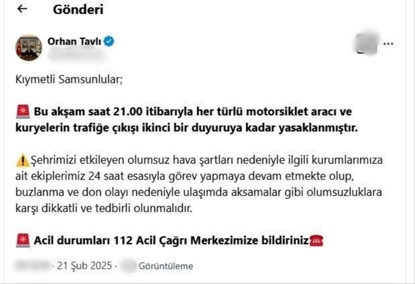 Samsun'da kurye ve motosikletlerin trafiğe çıkışı yasaklandı