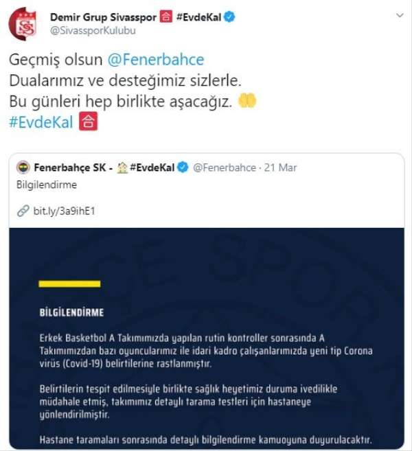 Sivasspor'dan Fenerbahçe'ye geçmiş olsun mesajı 