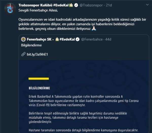 Trabzonspor'dan Fenerbahçe'ye geçmiş olsun mesajı 