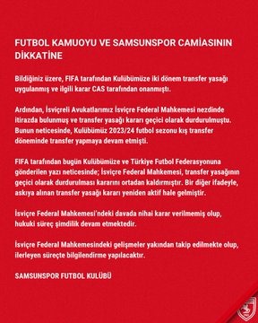 Samsunspor'dan Transfer Yasağı Açıklaması