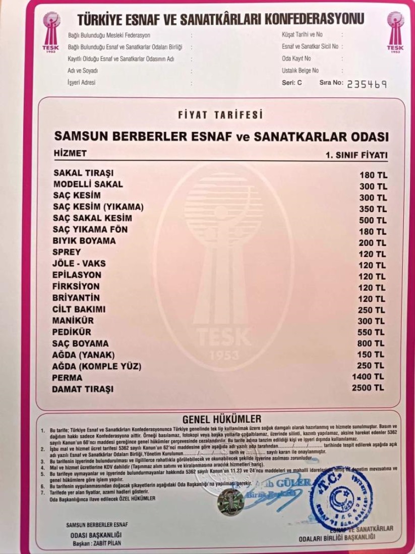 Samsun'da berberlere yeni fiyat tarifesi