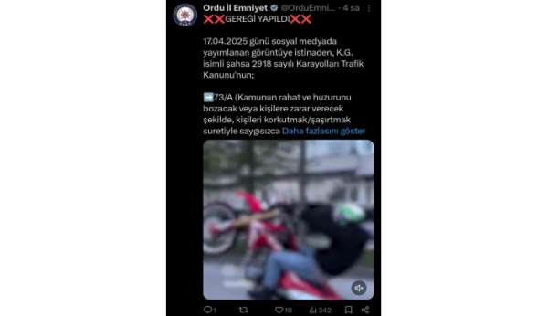 Motosikleti ile trafiği tehlikeye düşüren sürücünün ehliyetine el konuldu