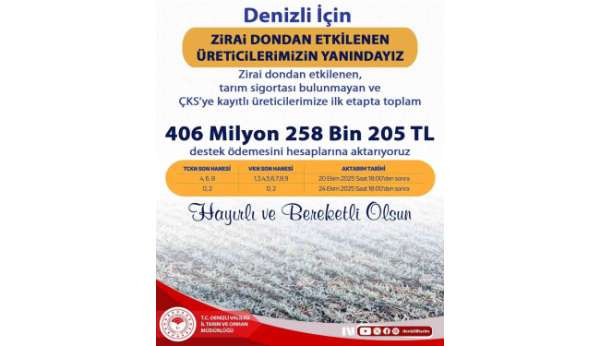 Zirai dondan etkilenen üreticilere 406 milyonluk destek