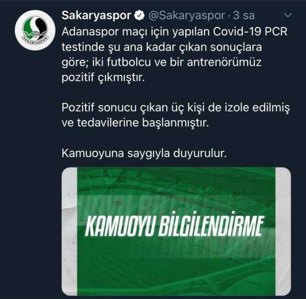 Sakaryaspor'da iki futbolcu ve bir antrenörün test sonucu pozitif çıktı