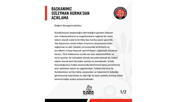 Süleyman Hurma: 'Karagümrük'ün daha da güçlenerek Süper Lig'e döneceğinden kimsenin şüphesi olmasın'