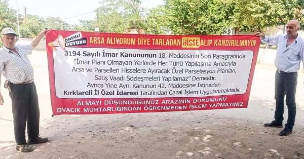 Köy muhtarından arsa alanlara pankartlı uyarı