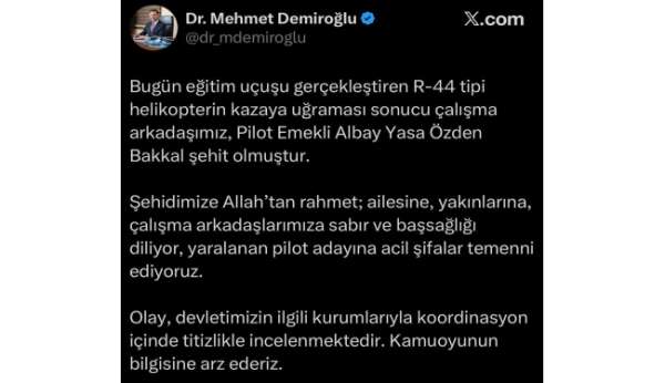 Helikopter kazasında yaralanan pilot adayının tedavisi sürüyor