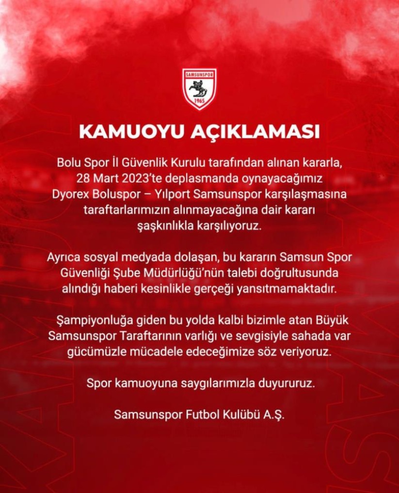 Samsunspor'dan 'taraftar yasağı' açıklaması