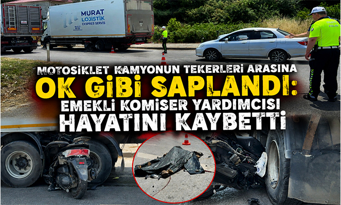 Motosiklet kamyonun tekerleri arasına ok gibi saplandı