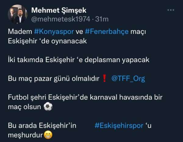 Başkan Şimşek'ten 'Konyaspor-Fenerbahçe' maçının pazar günü oynanması talebi