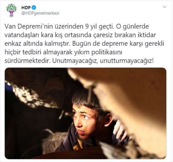 HDP'nin Van depremine ilişkin provokatif paylaşımına İçişleri Bakanlığından toka