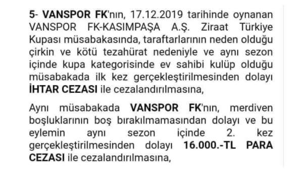 PFDK'dan Van Spor FK'ye 16 bin lira ceza 