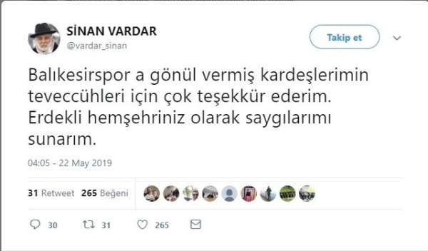 Sinan Vardar'dan taraftara yanıt