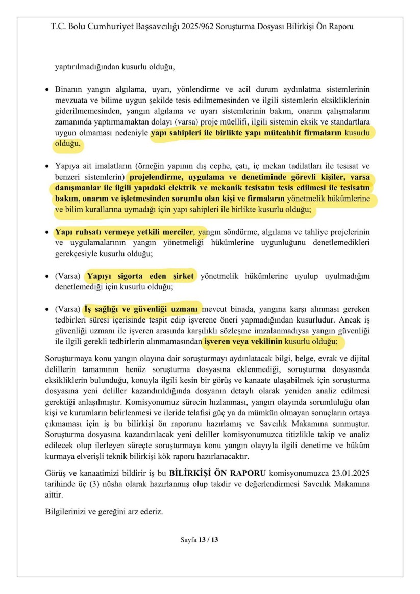 Bolu'daki yangına ilişkin bilirkişi ön raporu yayınlandı