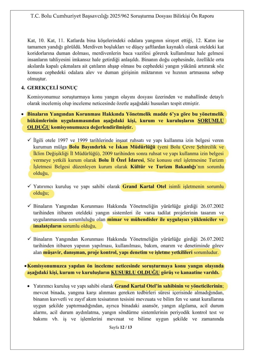 Bolu'daki yangına ilişkin bilirkişi ön raporu yayınlandı