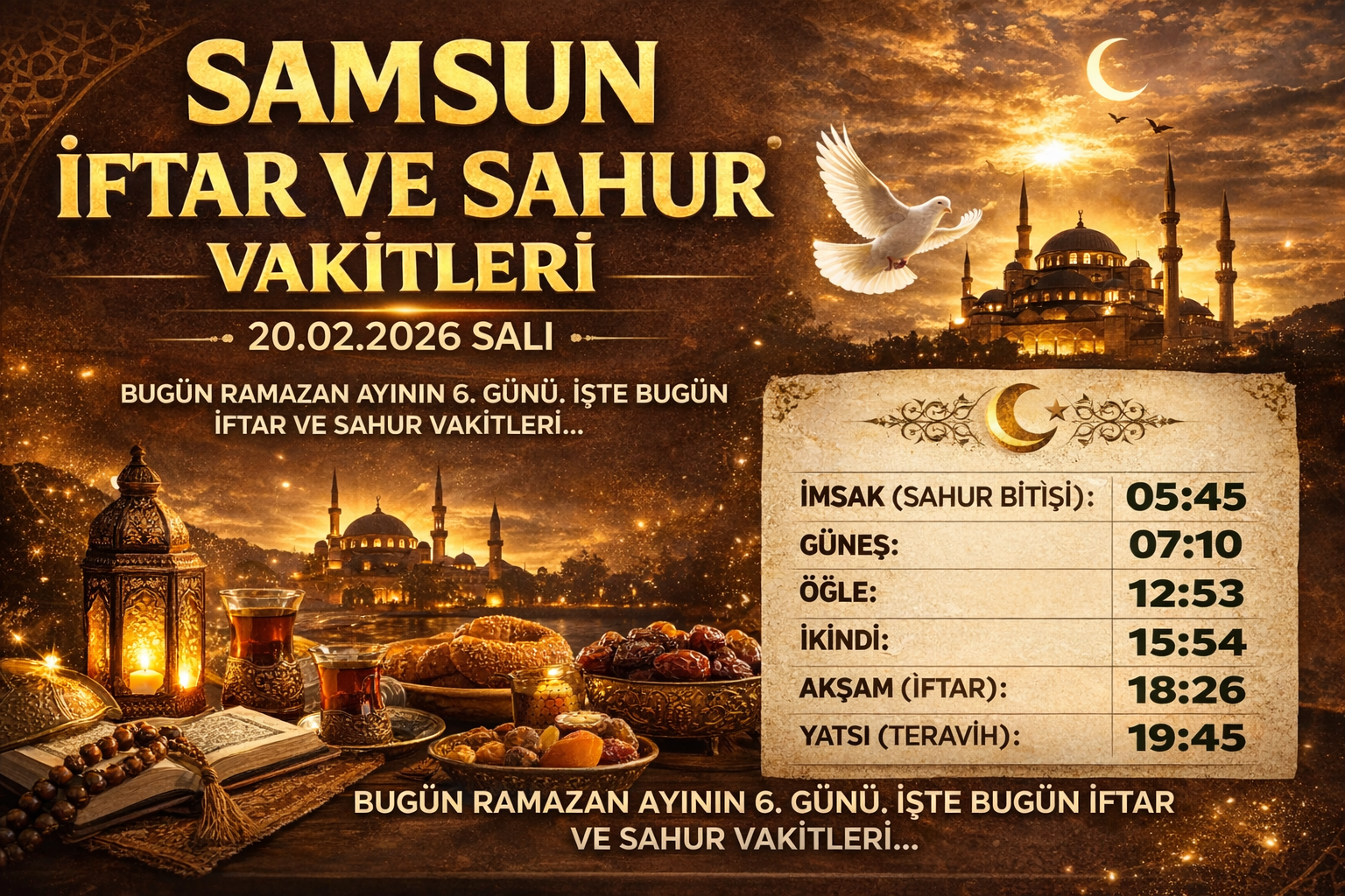 Samsun İftar ve Sahur Vakitleri 20022026 Salı