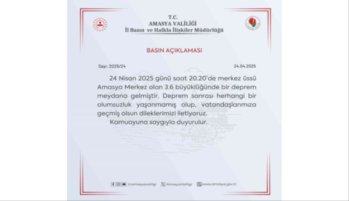 Amasya Valiliğinden deprem sonrası açıklama: 'Depremde bir olumsuzluk yaşanmamıştır'