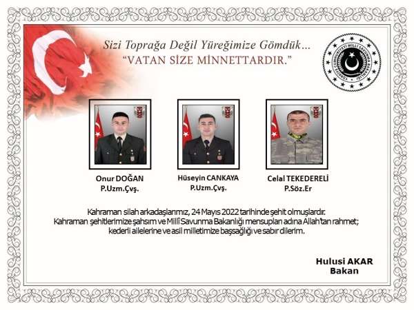 Milli Savunma Bakanı Akar'dan şehitler için taziye mesajı