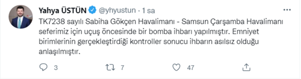 Samsun seferi yapan uçakta bomba ihbarı