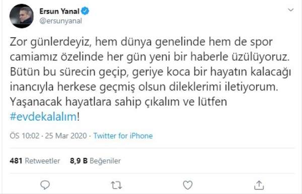 Ersun Yanal'dan 'evde kal' çağrısı 