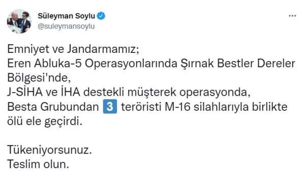 Bakan Soylu duyurdu: 'Besta Grubundan 3 terörist silahlarıyla birlikte ölü ele geçirildi'