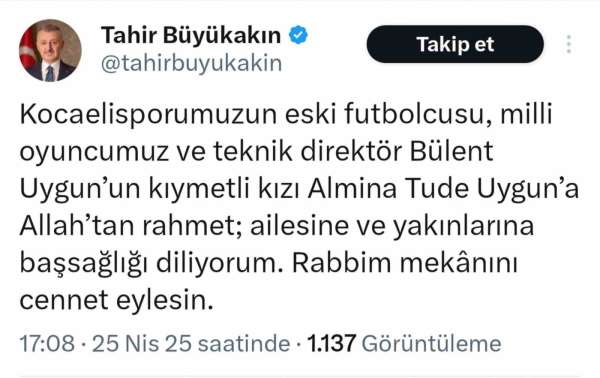 Kocaelispor Kulübü ve Tahir Büyükakın'dan Bülent Uygun'a başsağlığı mesajı