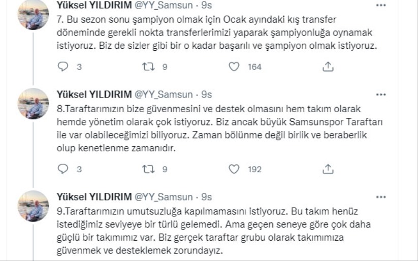 Yüksel Yıldırım: 'Samsunspor'a birlikte sahip çıkmalıyız'