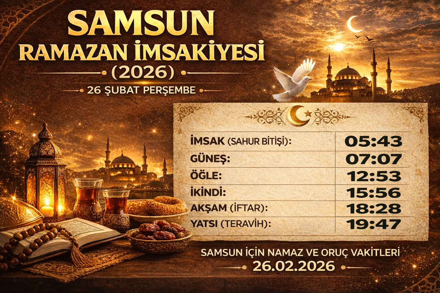 SAMSUN RAMAZAN İMSAKİYESİ 2026 26 ŞUBAT PERŞEMBE