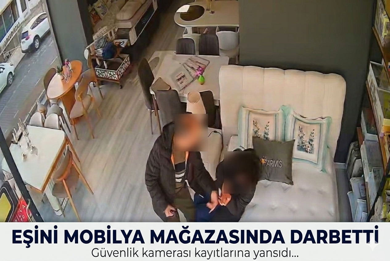 Eşini mobilya mağazasında darbetti: O anlar kamerada