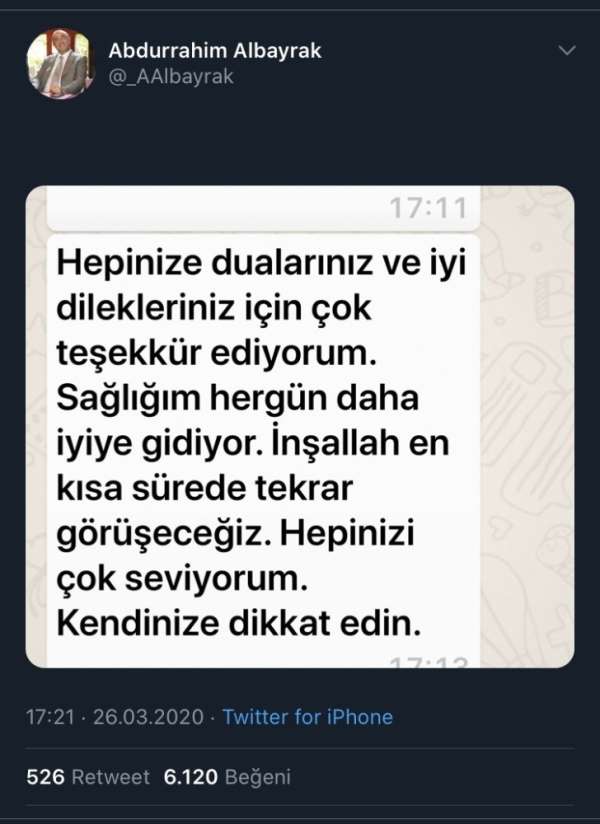 Abdurrahim Albayrak: 'Sağlığım her gün daha iyiye gidiyor' 